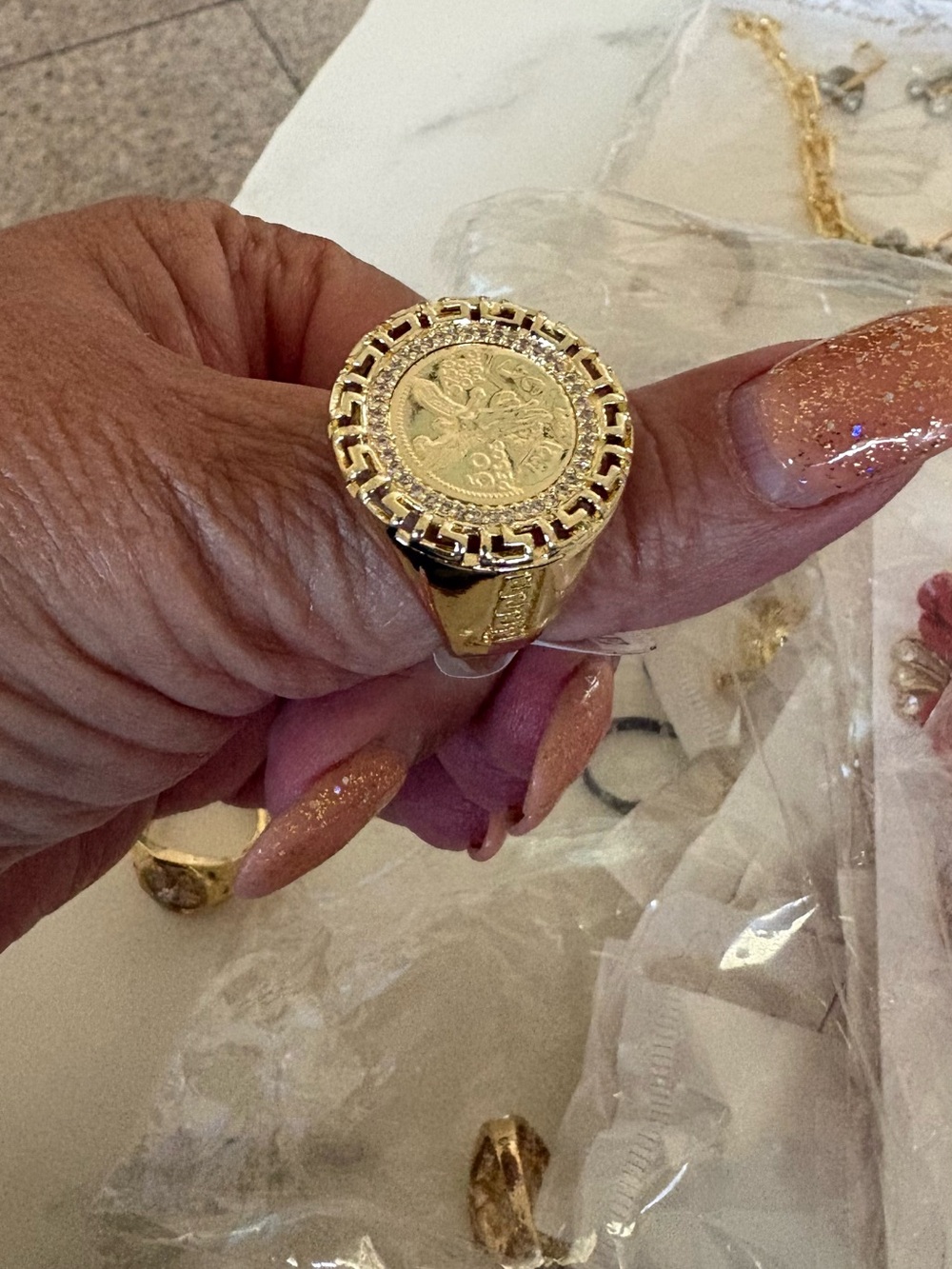 Gold Coin Signet Ring - Bold Greek Key Design